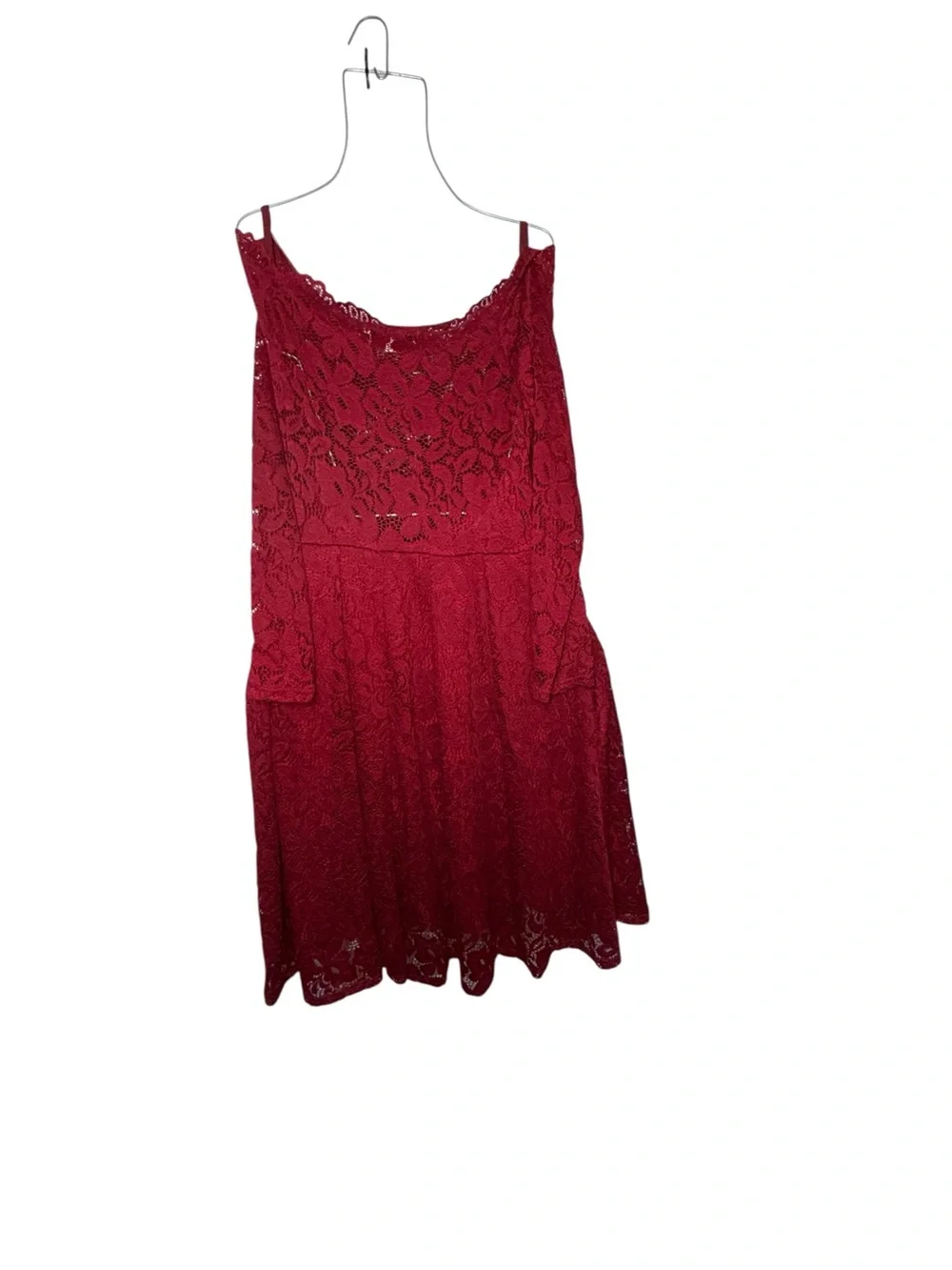 Wine Red Lace Off-Shoulder Midi Dress with Spaghetti Straps